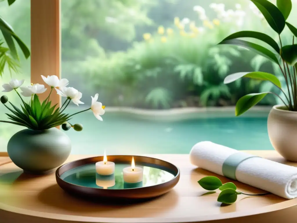 Tranquilo spa con difusor de aceites esenciales, naturaleza exuberante y relajación en acuarela