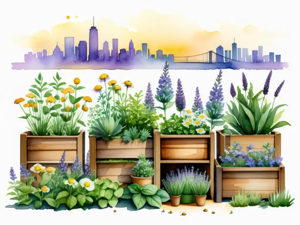 Un jardín urbano compacto rebosante de plantas medicinales como lavanda, manzanilla y menta, en armonía con la ciudad al atardecer
