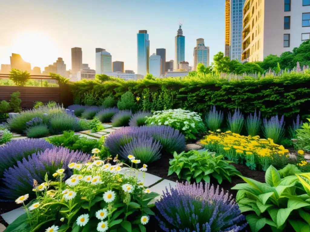 Un jardín urbano exuberante con plantas medicinales vibrantes en contraste con la vida urbana