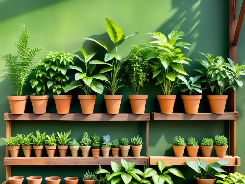 Un jardín urbano exuberante con plantas medicinales iluminadas por efectos de luz cálida, entre la ciudad, evocando belleza natural y tranquilidad