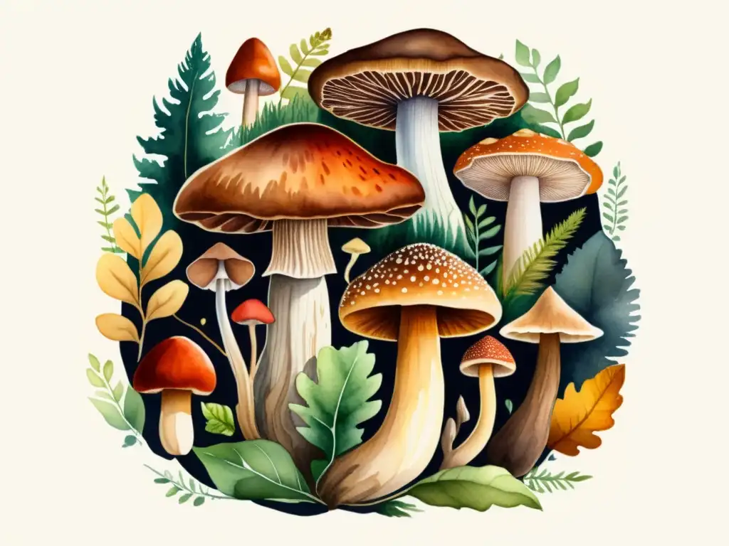 Usos y propiedades de hongos medicinales: una ilustración acuarela detallada de reishi, melena de león y chaga en un bosque