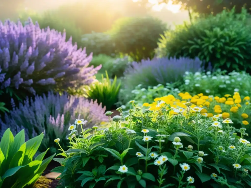 Un jardín verde con hierbas calmantes para meditación, bañado en neblina matutina dorada