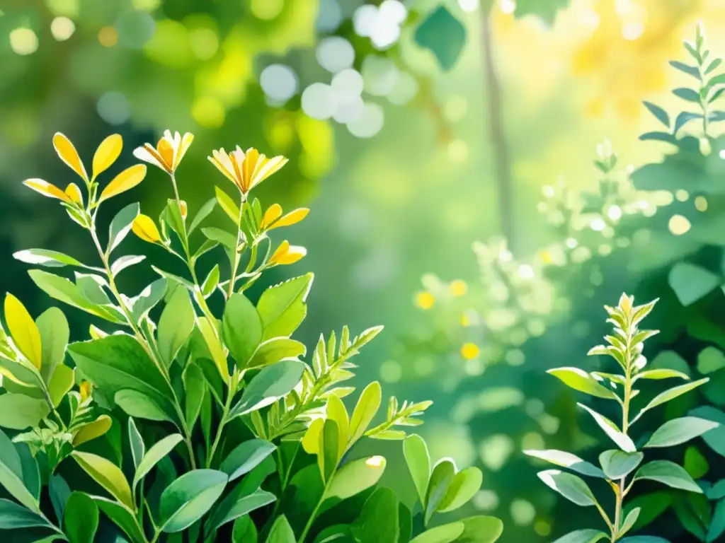 Un jardín verde y sereno iluminado por el sol