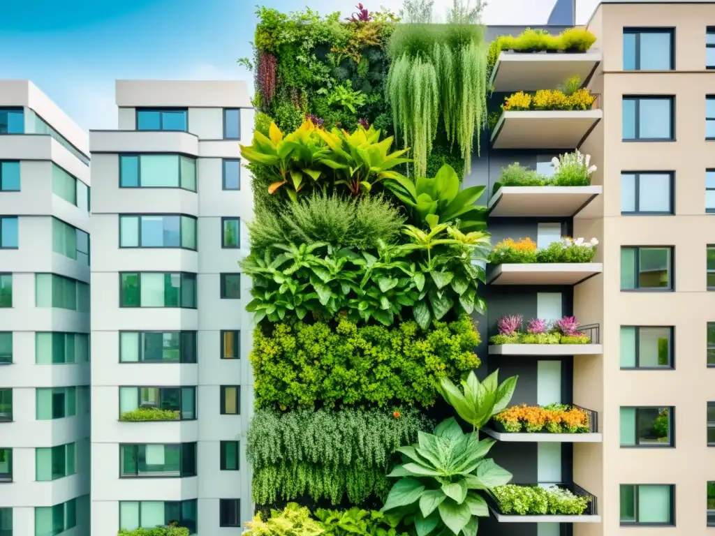 Un jardín vertical con cultivo de hierbas medicinales adorna la fachada de un edificio urbano, creando un oasis vibrante en la ciudad