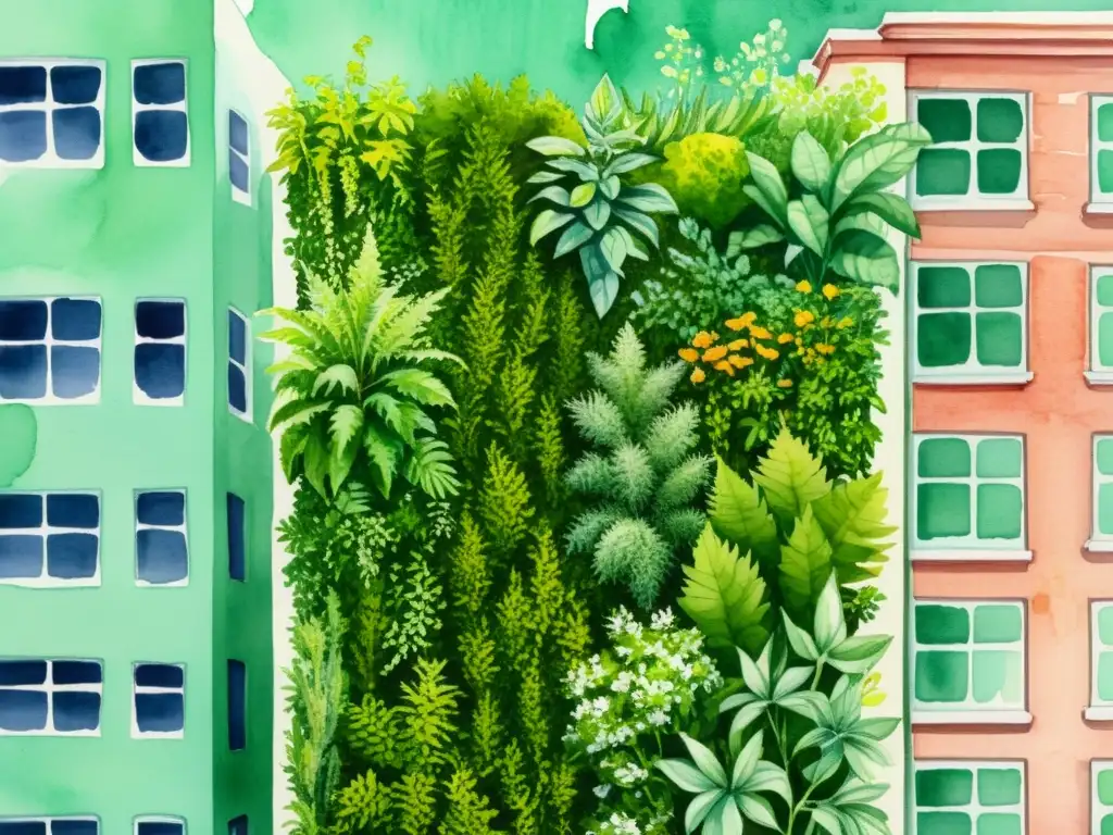 Un jardín vertical exuberante y vibrante con plantas medicinales creando un tapiz verde contra el entorno urbano