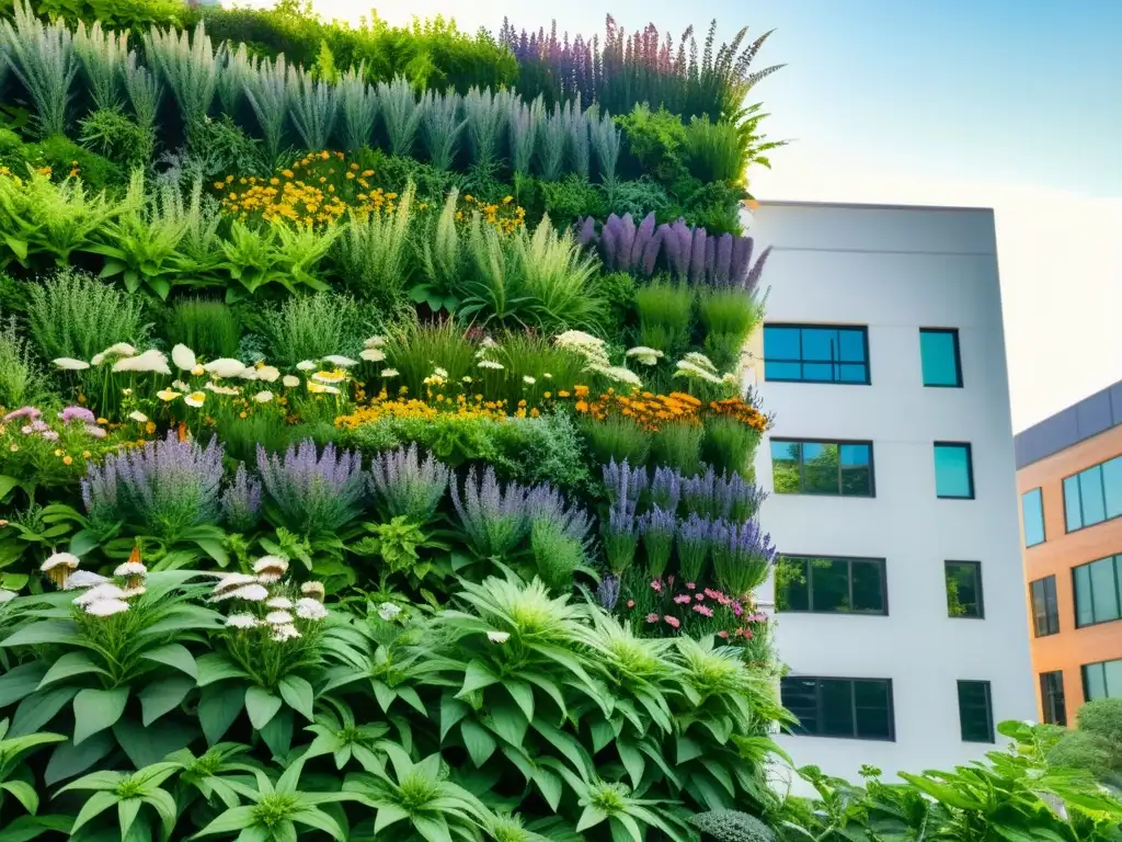 Un jardín vertical exuberante y vibrante de plantas medicinales con un toque de acuarela, evocando calma y sanación