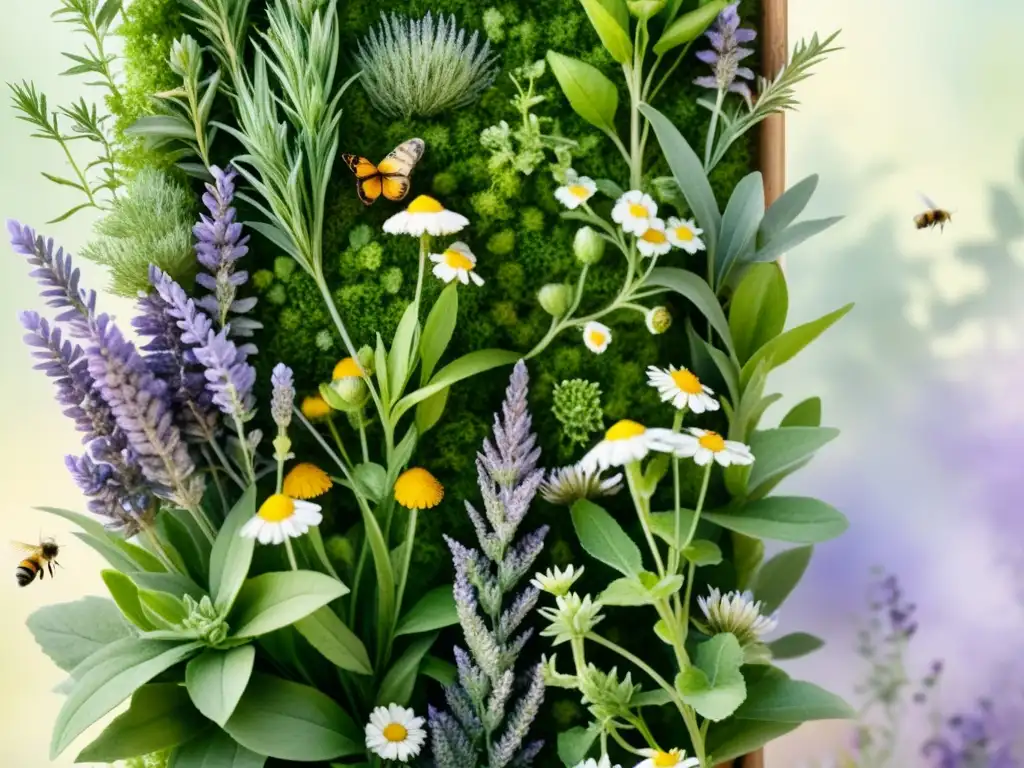 Un jardín vertical de hierbas medicinales vibrantes y exuberantes, con lavanda, manzanilla, menta y salvia