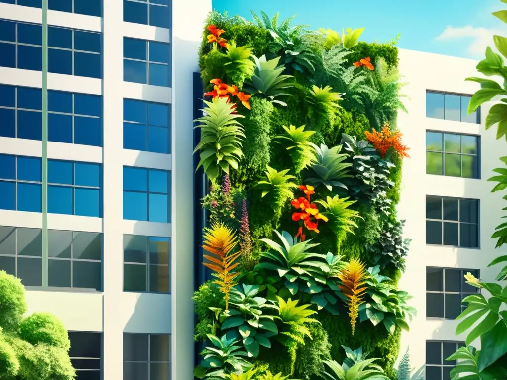 Un jardín vertical rebosante de vida y vitalidad adorna un moderno edificio urbano, creando una atmósfera de serenidad natural