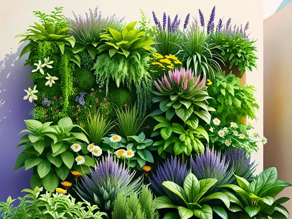 Un jardín vertical vibrante con cultivos de plantas medicinales, bañado por el sol y habitado por abejas y mariposas