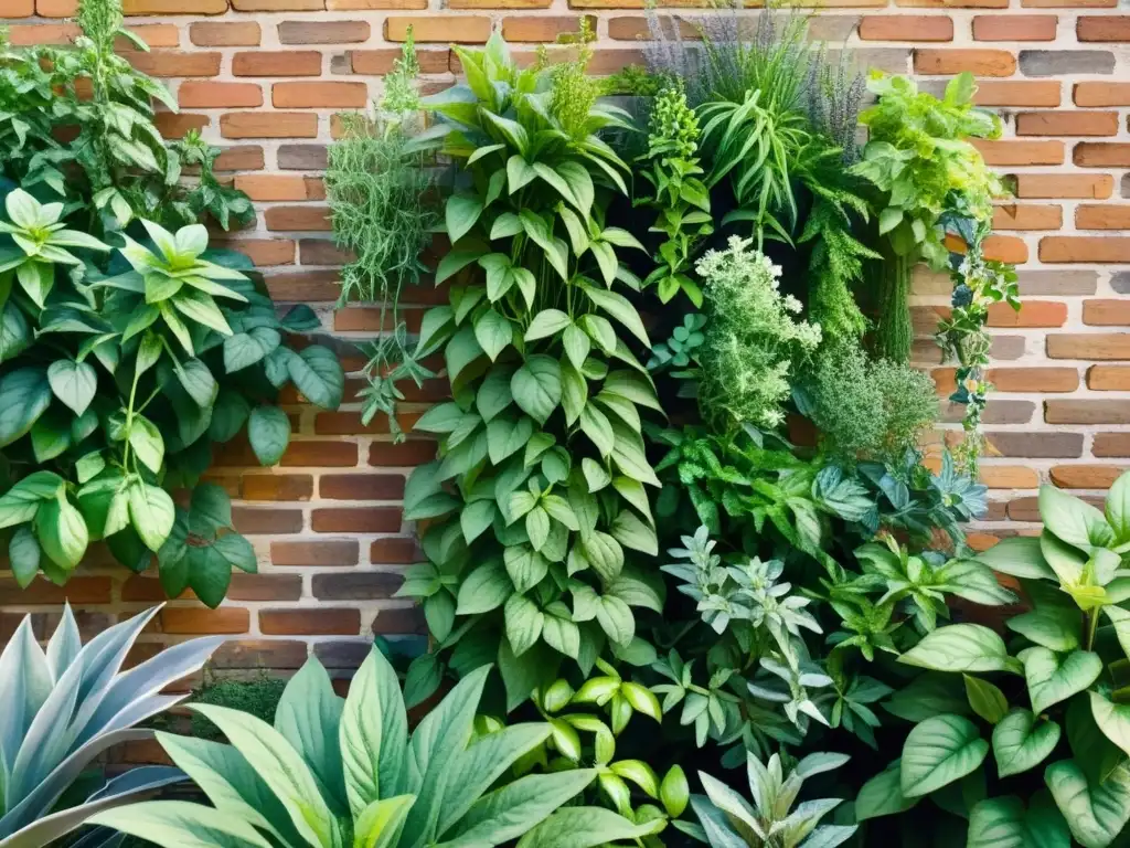 Un jardín vertical vibrante y exuberante de hierbas medicinales, iluminado por el sol, en una pared de ladrillos