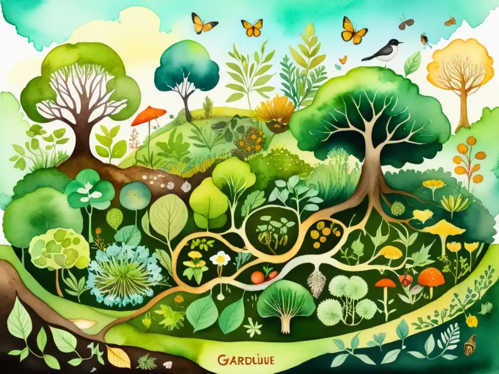 Vibrante ilustración acuarela de jardín permacultural