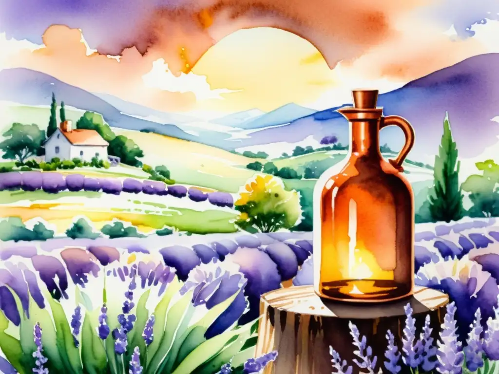 Una ilustración vibrante en acuarela de un alambique de cobre rústico en medio de campos de lavanda, capturando la esencia de crear aceites esenciales en casa con belleza natural y autenticidad