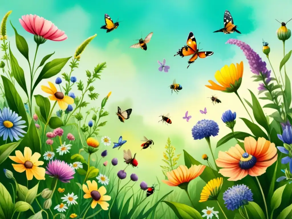 Una ilustración vibrante en acuarela de un bullicioso prado de flores silvestres, con una variedad de insectos de colores brillantes como abejas, mariposas y colibríes revoloteando entre las flores