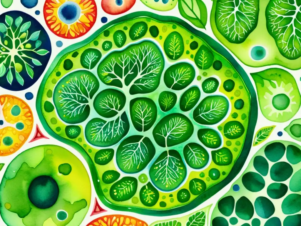 Una ilustración vibrante en acuarela de una célula vegetal exuberante, con detalles intrincados de rutas metabólicas y procesos biosintéticos entrelazados en las estructuras celulares