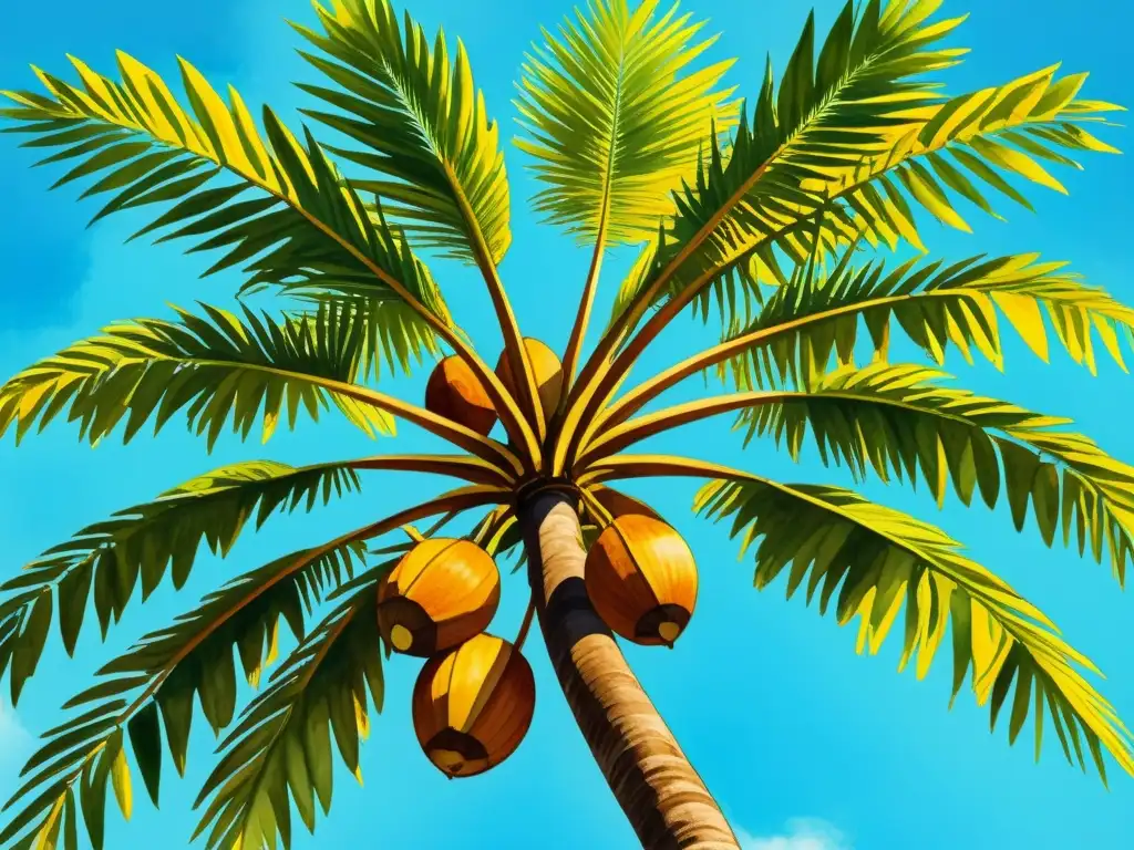 Una ilustración vibrante en acuarela de un cocotero cargado de cocos maduros, bajo un cielo azul radiante