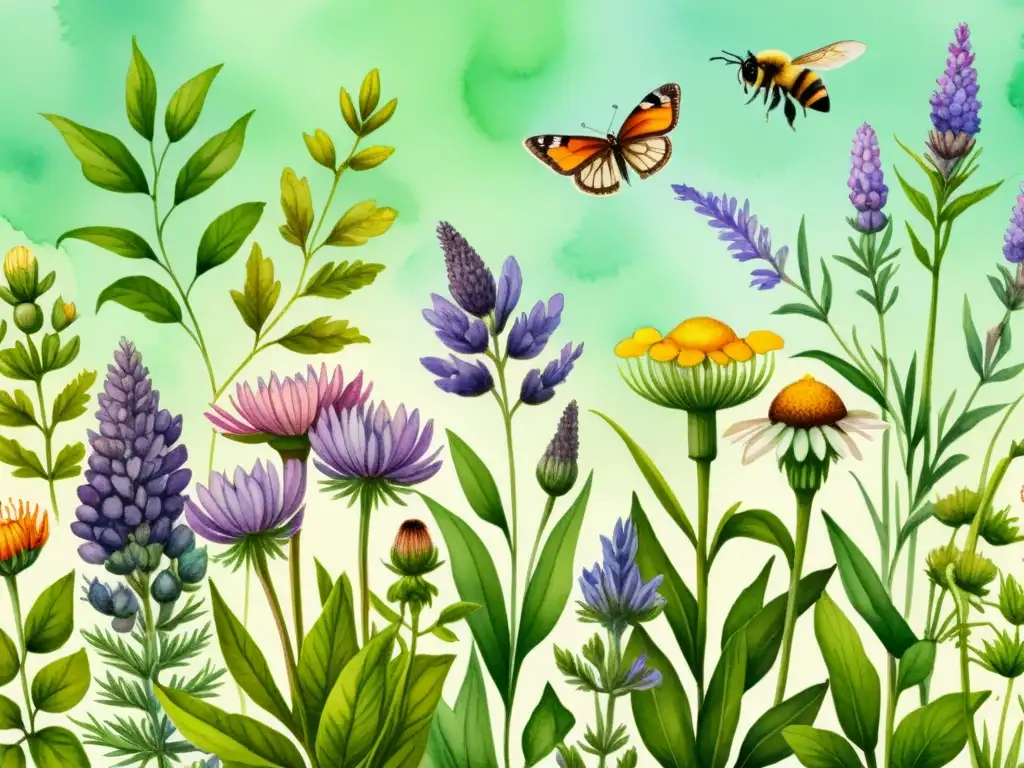 Una ilustración vibrante en acuarela de un jardín diverso lleno de plantas medicinales, como lavanda, manzanilla, equinácea y romero