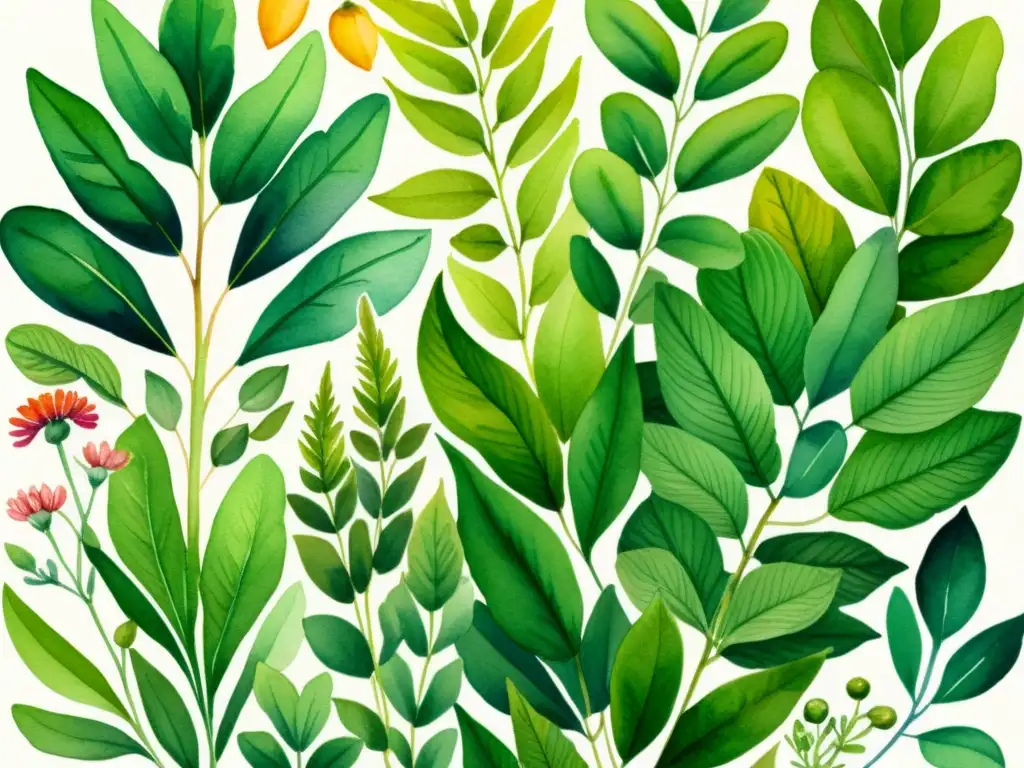 Una ilustración vibrante en acuarela de un exuberante jardín herbal, destacando la diversidad natural de las plantas y la belleza orgánica