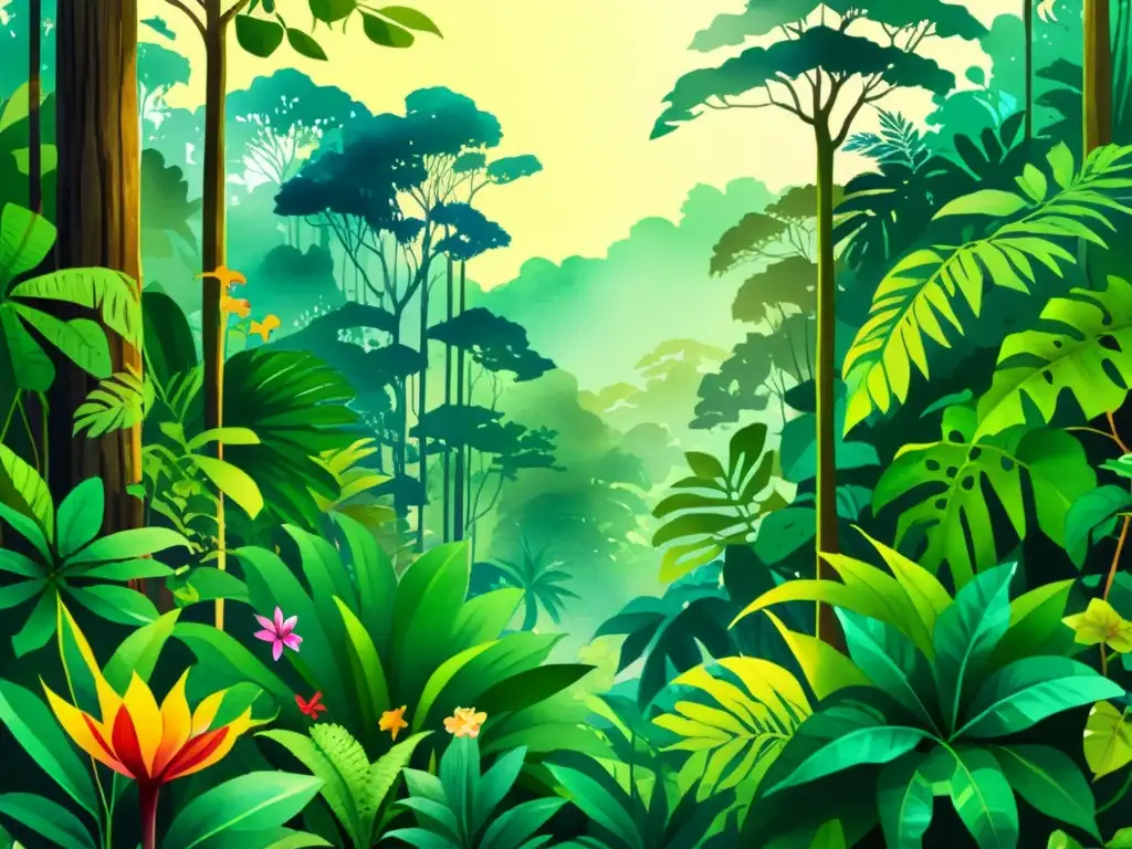 Una ilustración vibrante en acuarela de una exuberante escena de selva tropical, con una variedad de flora y fauna exótica