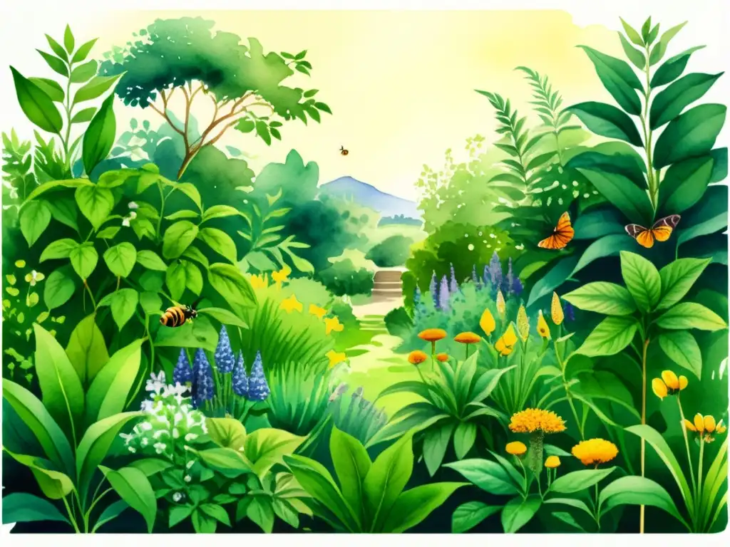 Vibrante ilustración en acuarela 8k de un exuberante jardín de plantas aromáticas y medicinales, con luz solar filtrándose entre las hojas
