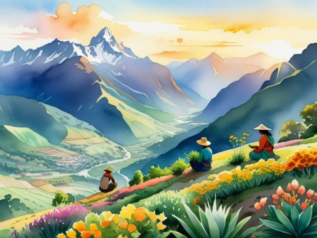 Una ilustración vibrante en acuarela de un exuberante paisaje montañoso andino, con campos de plantas medicinales coloridas