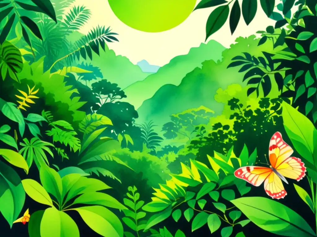 Vibrante ilustración en acuarela de una exuberante selva tropical, con la planta Uña de Gato y su biodiversidad, evocando sus beneficios antioxidantes