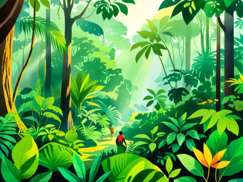 Vibrante ilustración en acuarela de una exuberante selva tropical en América Latina, donde se muestra la herbolaria indígena