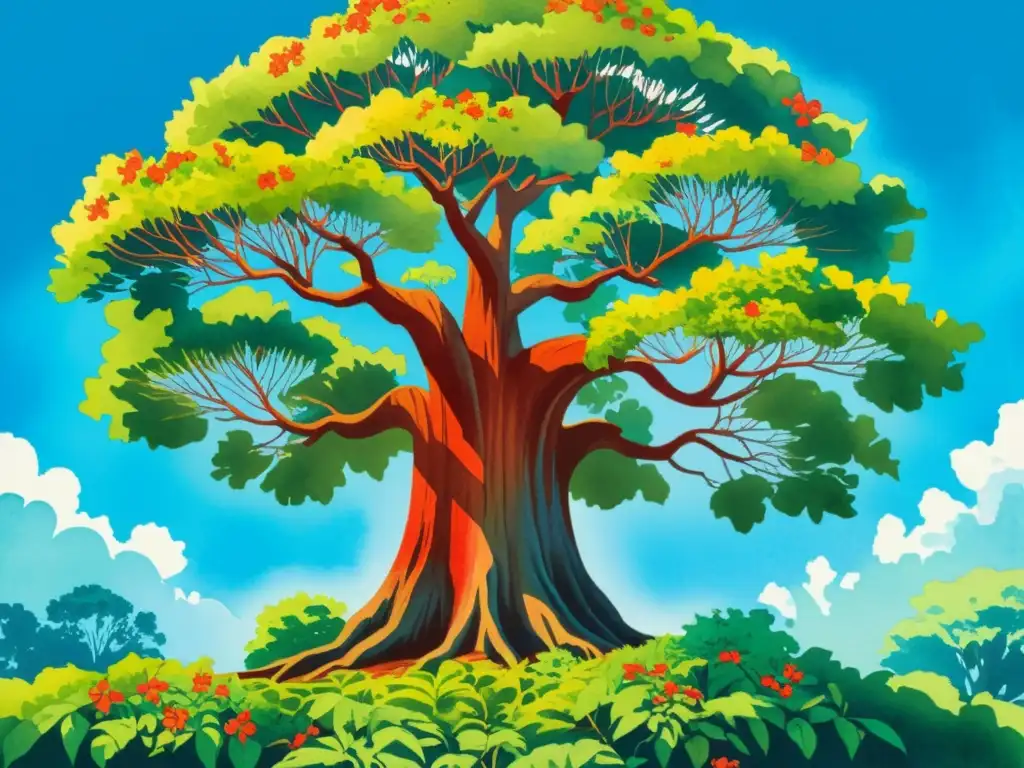 Una ilustración vibrante en acuarela de un imponente árbol de Ceibo con hojas verdes exuberantes y flores rojas vibrantes, en un cielo azul claro