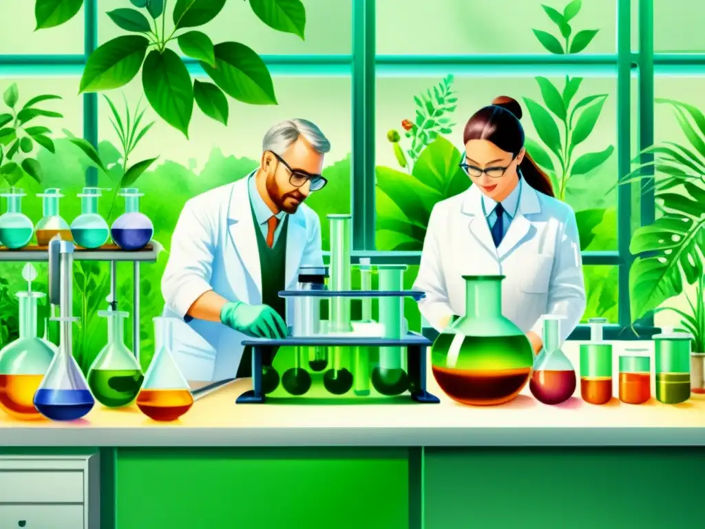 Vibrante ilustración en acuarela de un laboratorio con científicos y tecnología de punta, rodeado de exuberante vegetación