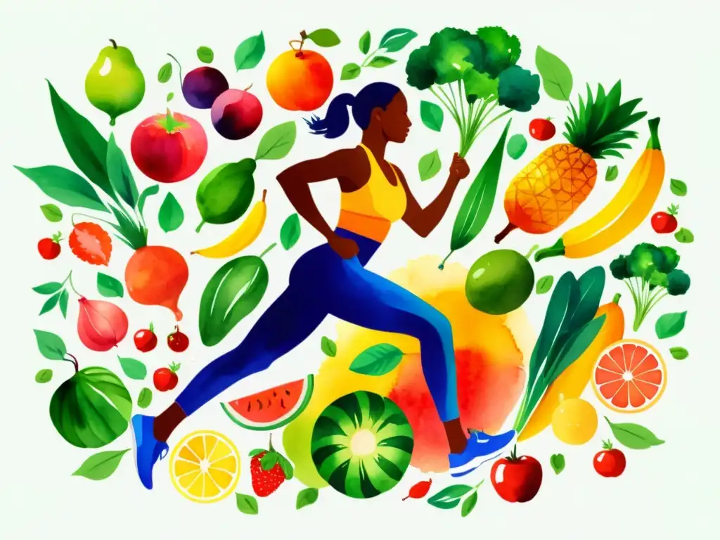 Una ilustración vibrante en acuarela de una persona realizando actividades físicas rodeada de frutas y verduras coloridas