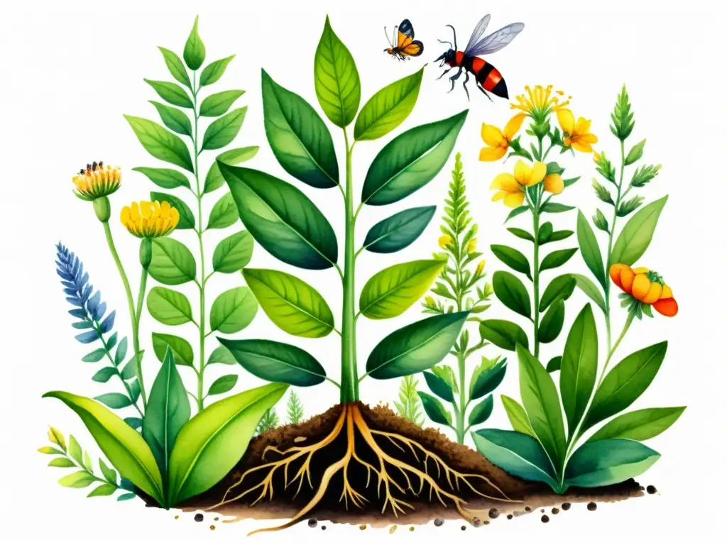 Una ilustración vibrante en acuarela de una planta medicinal resistente rodeada de flores y follaje vibrantes