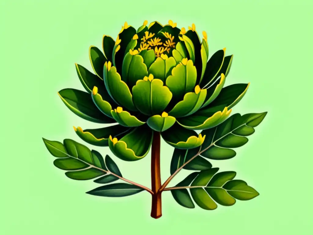 Vibrante ilustración en acuarela de una planta de Rhodiola rosea, con raíces doradas, hojas verdes delicadas y flores amarillas