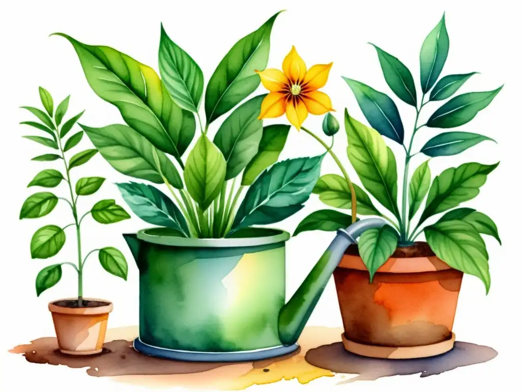 Acuarela detallada de plantas medicinales y riego Vibrante acuarela de plantas medicinales siendo regadas con métodos de riego, resaltando su cuidado y precisión