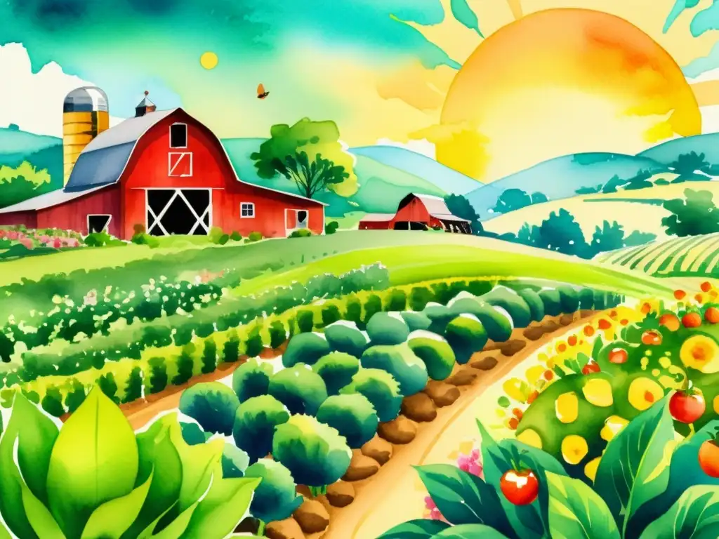 Vibrante ilustración en acuarela de una próspera granja orgánica, con frutas y verduras coloridas en abundancia