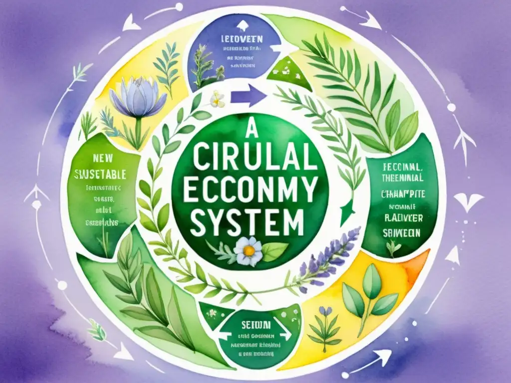 Una ilustración vibrante en acuarela de un sistema de economía circular con cultivo, procesamiento y uso de plantas medicinales