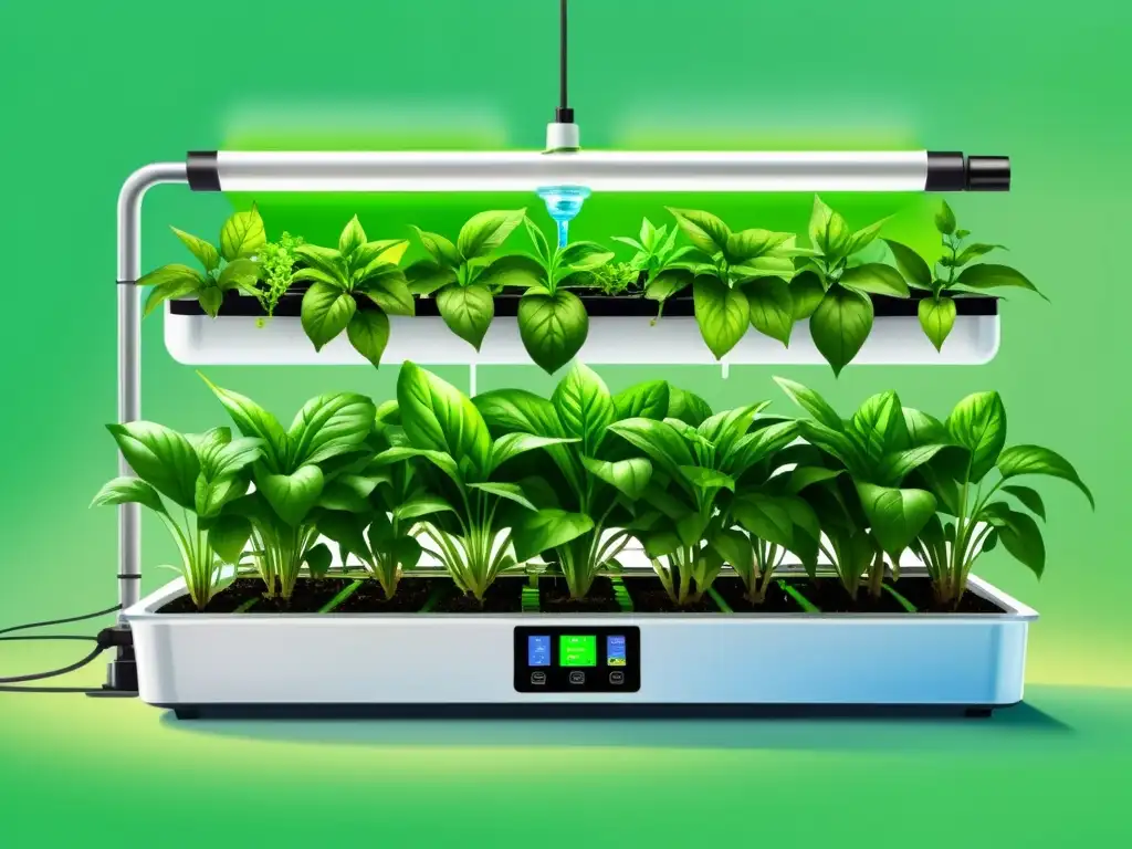 Un ilustración vibrante en acuarela de un sistema hidropónico, con plantas exuberantes prosperando en agua rica en nutrientes, rodeadas de herramientas de monitoreo e sensores intrincados, capturando la precisión y tecnología involucradas en el monitoreo de la hidroponía