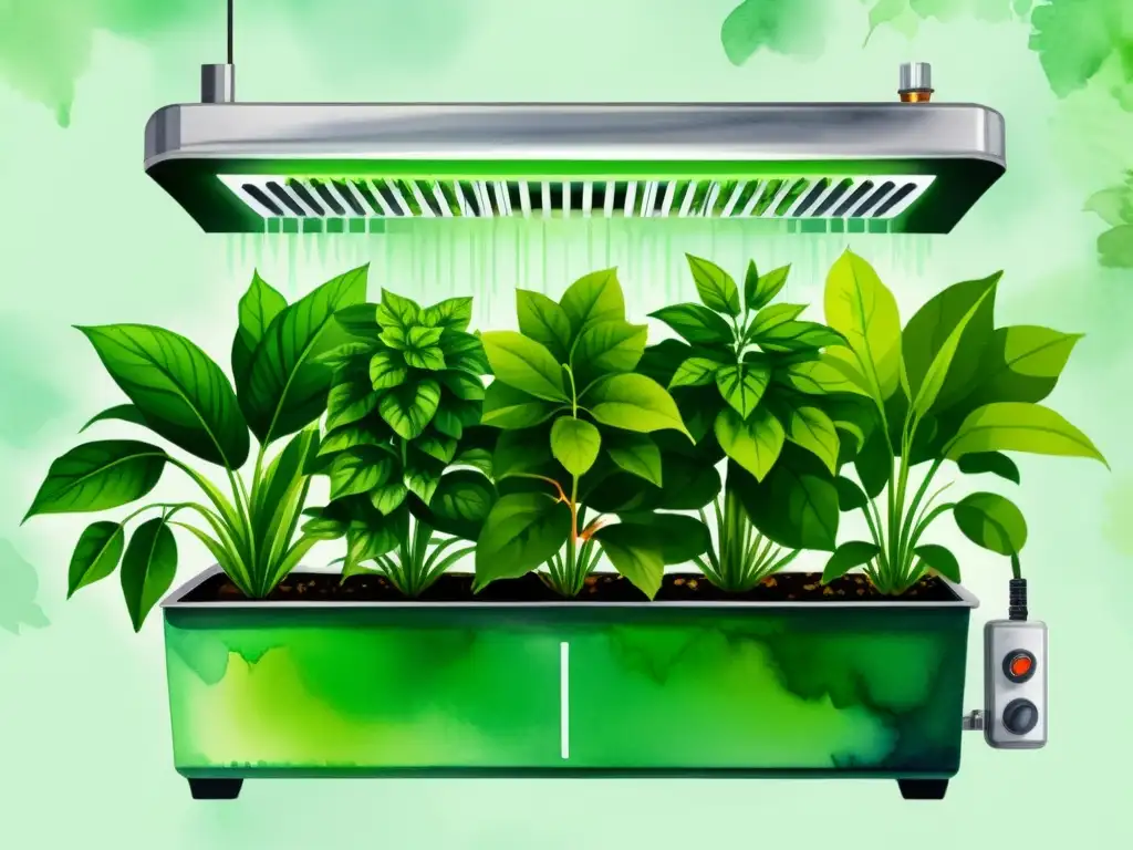 Una ilustración vibrante en acuarela muestra un sistema hidropónico con plantas exuberantes, termómetros y condiciones óptimas cultivo hidroponía