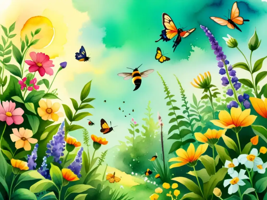 Vibrante ilustración de un jardín amigable para polinizadores medicinales con flores coloridas y vida zumbante de abejas, mariposas y colibríes