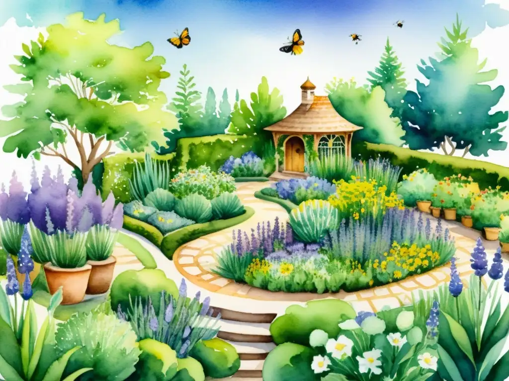 Jardín de hierbas medicinales en acuarela Vibrante ilustración acuarela de jardín aromático con hierbas como lavanda, romero, menta y manzanilla