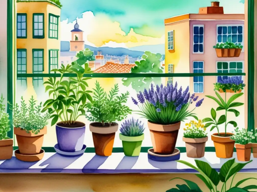 Una ilustración vibrante de un balcón urbano con cultivo de plantas medicinales en espacios pequeños, bañado por la luz del sol