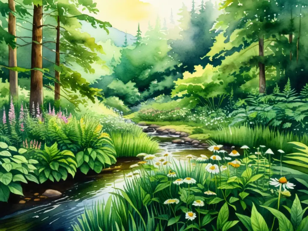 Vibrante ilustración 8k de un bosque con cultivo de plantas medicinales en áreas protegidas, con cascada de luz y tranquilidad serena