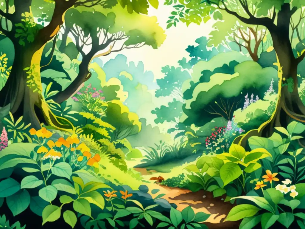 Vibrante ilustración acuarela de un bosque diverso con plantas medicinales