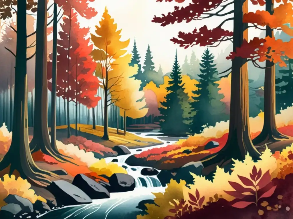 Vibrante ilustración acuarela de un bosque otoñal sereno, con hojas en tonos de rojo, dorado y naranja