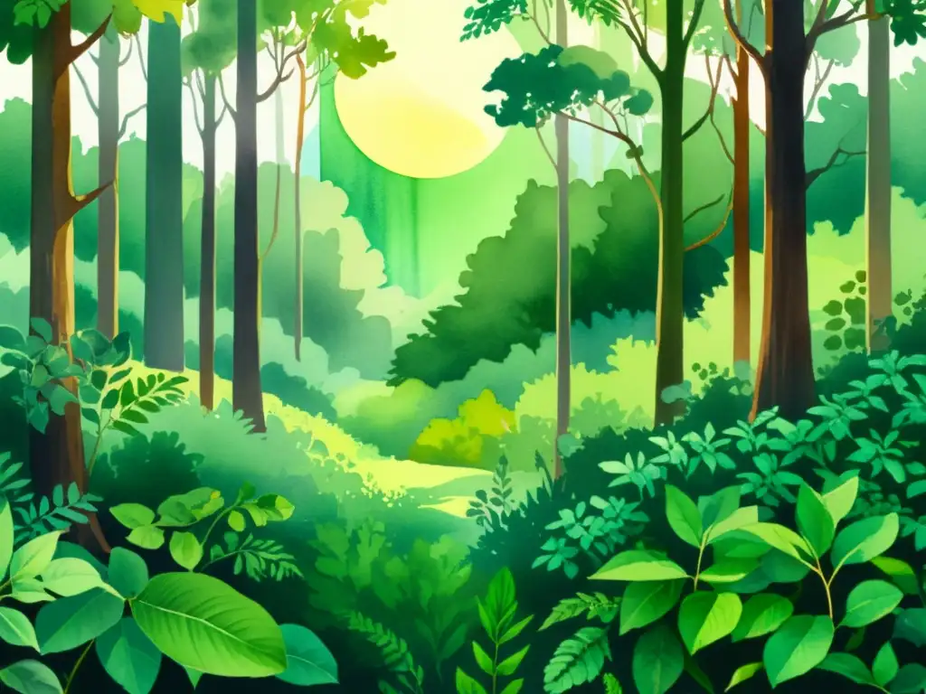 Vibrante ilustración acuarela de bosque sereno con hierbas adaptógenas equilibrar estrés energía