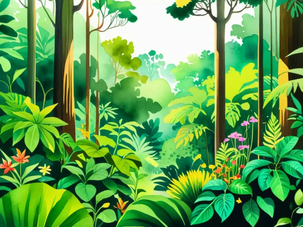 Un vibrante bosque tropical rebosante de plantas medicinales en tonos vivos, con impacto en patentes de plantas medicinales