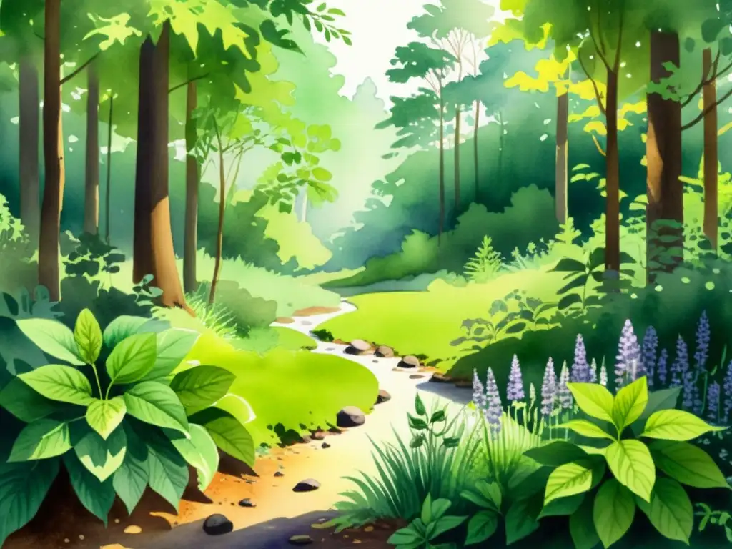 Vibrante ilustración acuarela de un bosque verde exuberante con hierbas medicinales