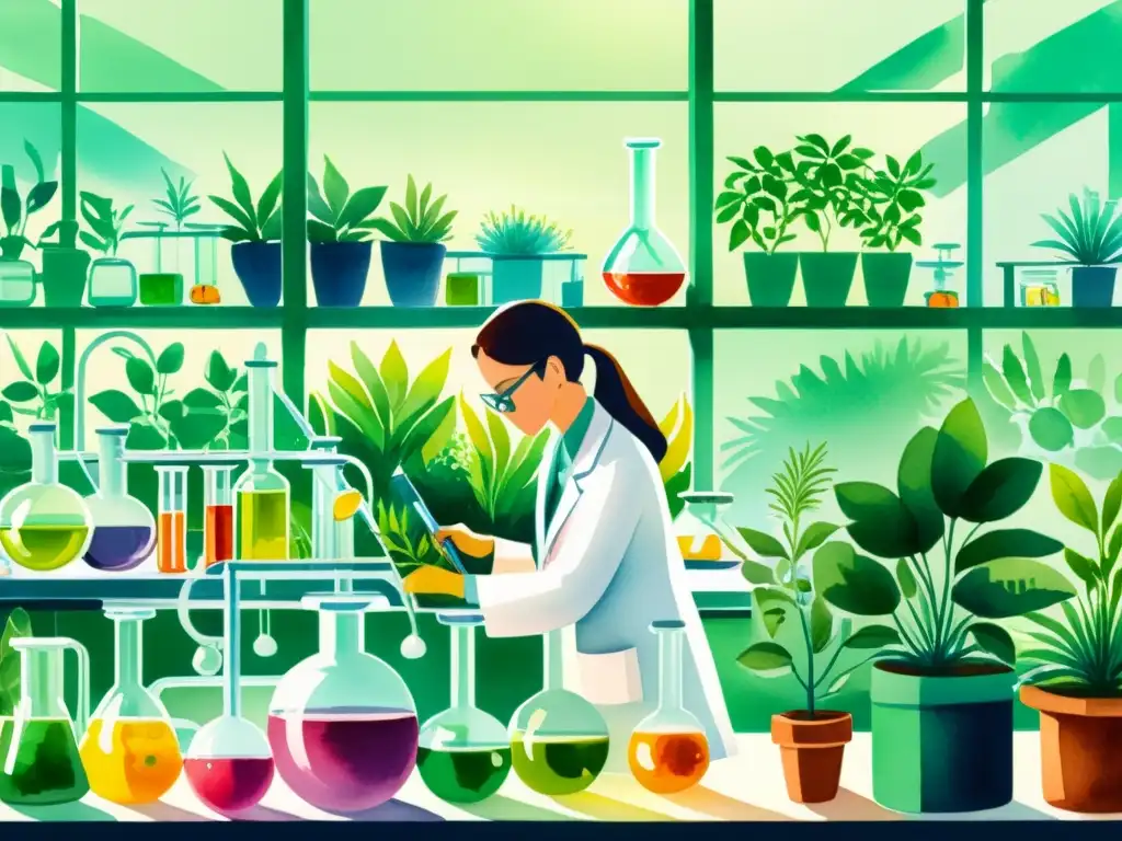 Vibrante ilustración acuarela de un bullicioso laboratorio donde científicos trabajan meticulosamente con plantas y equipo científico