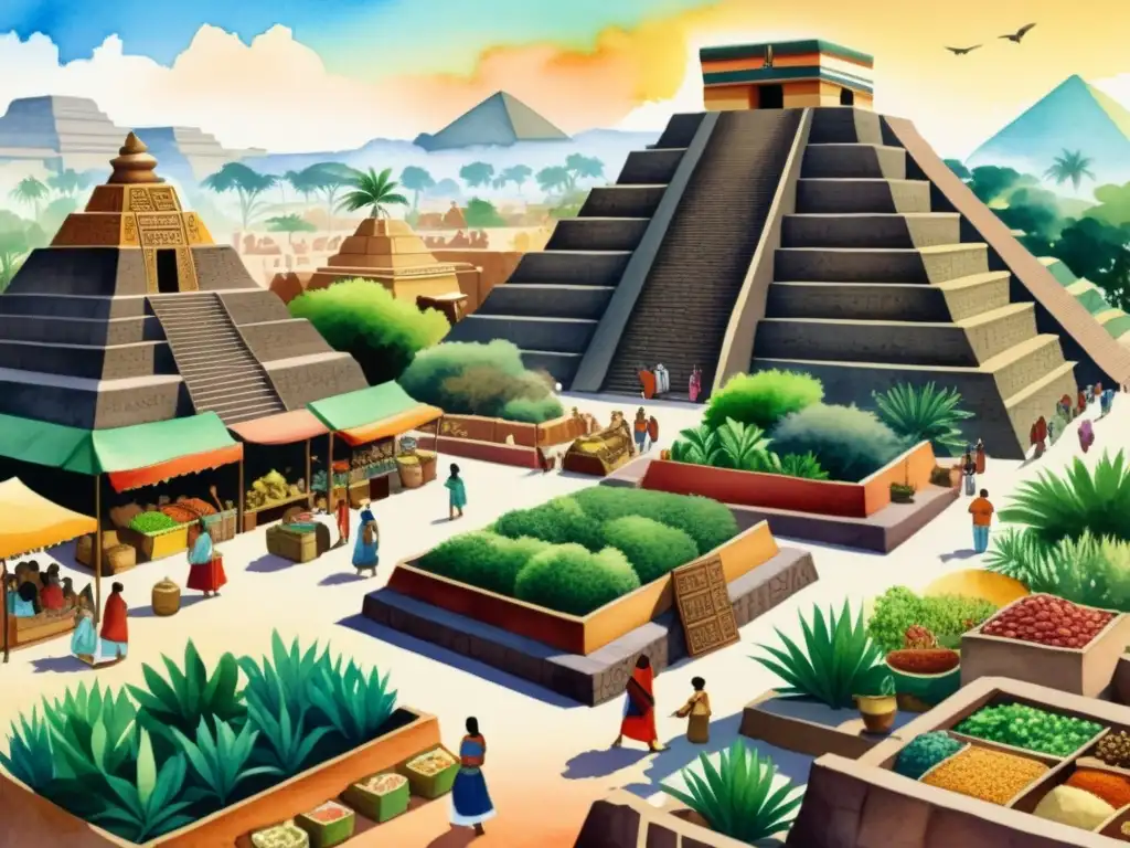 Vibrante ilustración acuarela de un bullicioso mercado azteca con plantas medicinales, pirámides y gente vestida con atuendos tradicionales