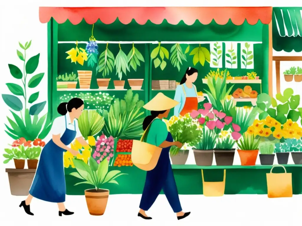 Vibrante ilustración acuarela de un bullicioso mercado, con diversidad de plantas