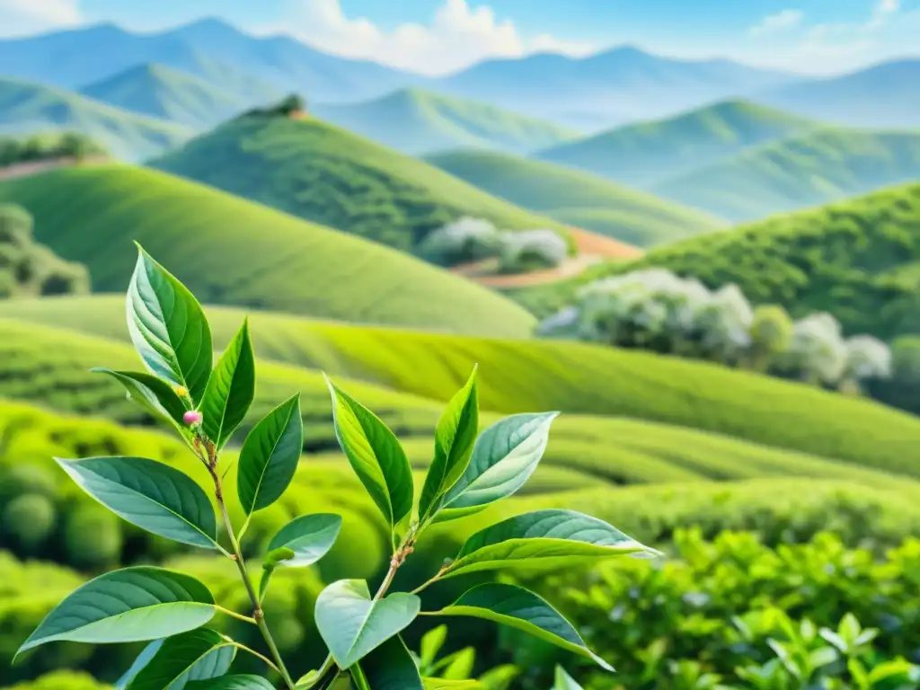 Un vibrante campo de té verde, con hojas delicadas y flores, evocando calma y belleza natural