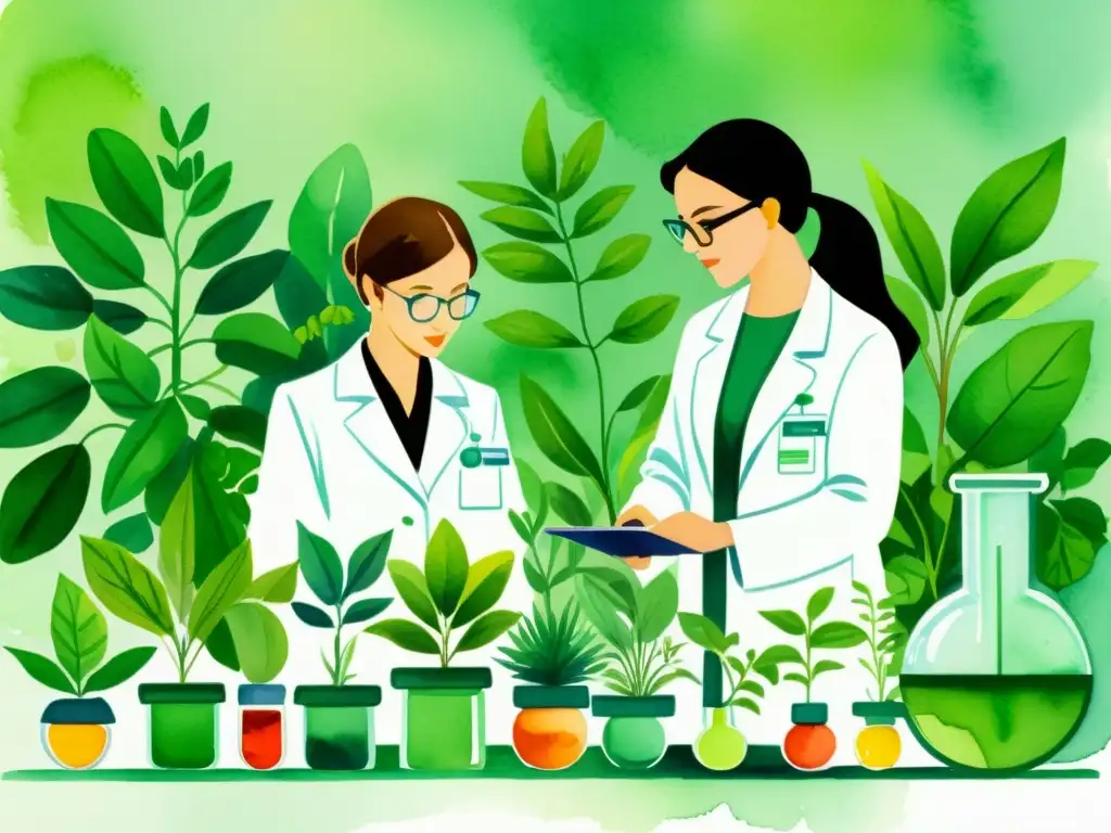 Vibrante ilustración acuarela de científicos manejando biosensores para monitoreo calidad plantas medicinales en laboratorio rodeados de plantas medicinales